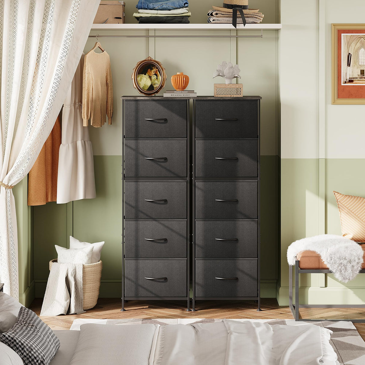 WLIVE Fabric Dresser, 5-Drawer Tall Dresser for Bedroom, Storage Organizer with Fabric Bins, Wood Top, Sturdy Steel Frame, Chest of Drawers for Closet, Hallway, Charcoal Black WLIVE