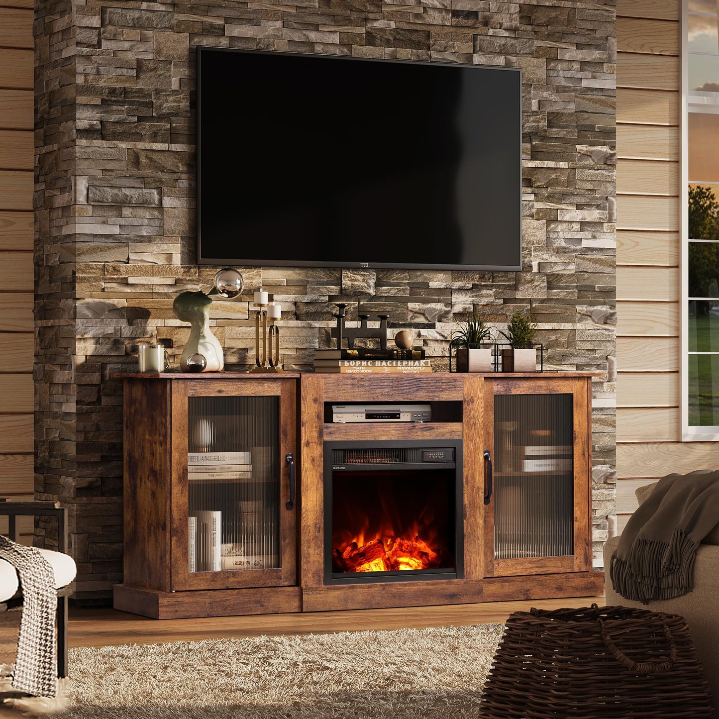 WLIVE Fireplace TV Stand for 65" TV, Entertainment Center with 18 Inch Electric Fireplace, TV Console with Open Shelves for Living Room, Rustic Brown