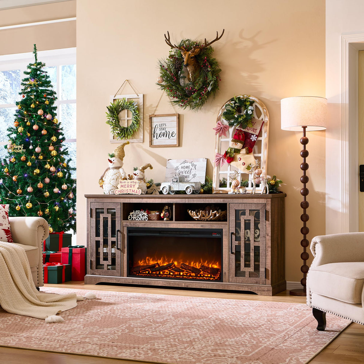 JXQTLINGMU Fireplace TV Stand with 36" Electric Fireplace for 80 Inch TV, Farmhouse 32" Tall Highboy Entertainment Center w/6 Shelves, Modern Media Console w/Storage for Living Room, Rustic Brown JXQTLINGMU