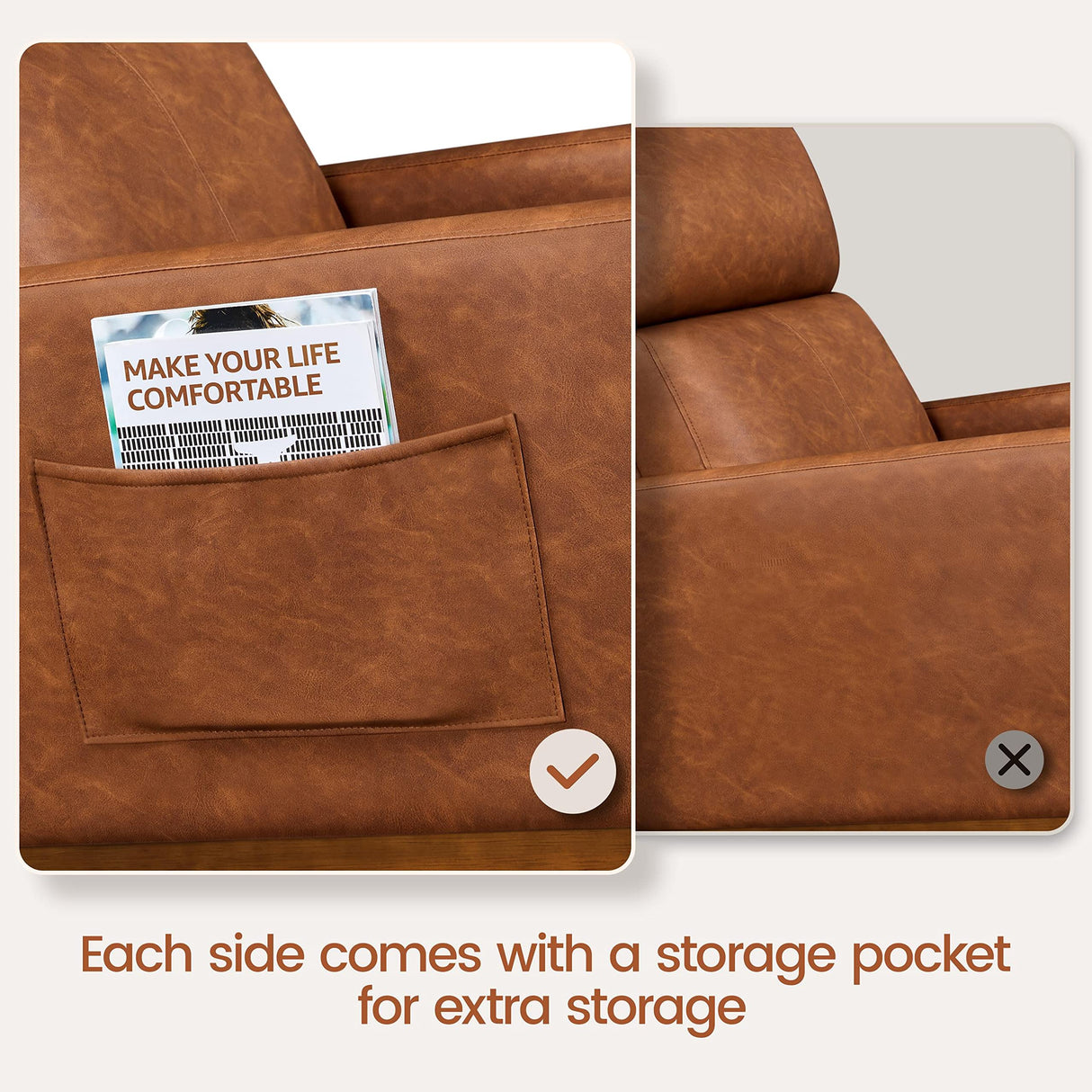 Yaheetech Leather Living Room Chair, Rocking Accent Chair, Modern Nursery Glider Chair with High Back and Side Pocket, Accent Rocker Armchair with Wood Legs for Living Room Bedroom Study, Brown Yaheetech