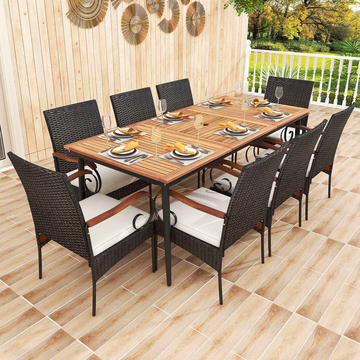 Tangkula 9-Piece Patio Dining Set, 79" Outdoor Dining Table & 8 Rattan-Woven Dining Chairs with Acacia Wood Tabletop, 1.9" Umbrella Hole, Scrollwork Arms, Seat Cushions, for Garden, Porch, Deck Tangkula