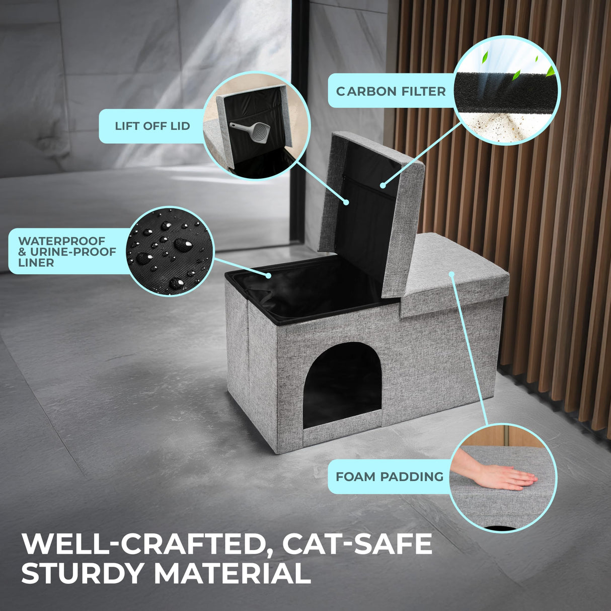 2-in-1 Hidden Cat Litter Box Enclosure – Modern Furniture with Litter Box Included, Odor-Control Tray, Toy Storage, and Waterproof Liner – for All Indoor Cat Breeds PATHOSIO PETS