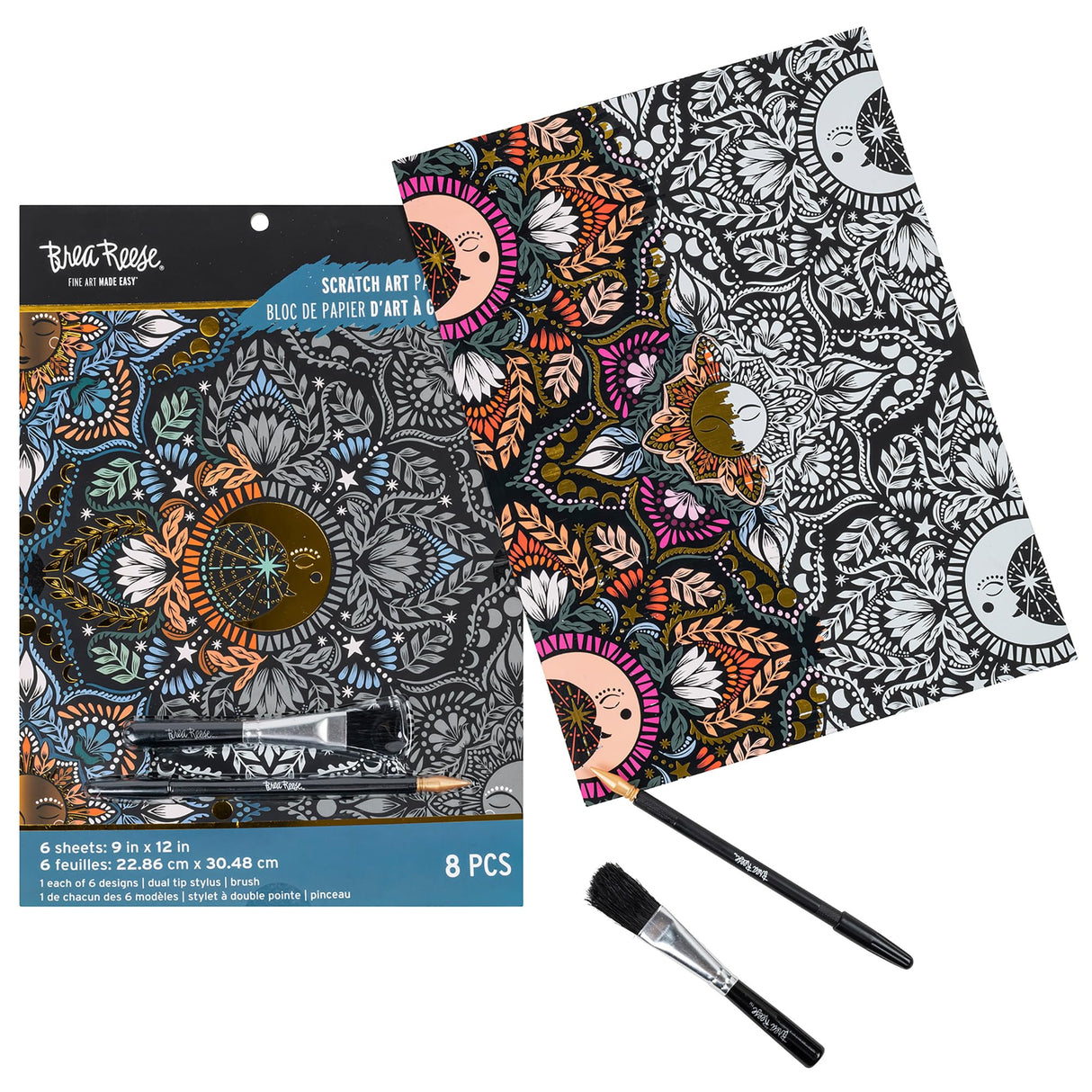 Brea Reese: Scratch Art Paper Pad - Moon & Sun - 6 Designs, Metallic Guided Art, Dual-Tip Stylus & Brush, Easy-to-Frame 9x12 Pages, Adult Craft Kit Brea Reese