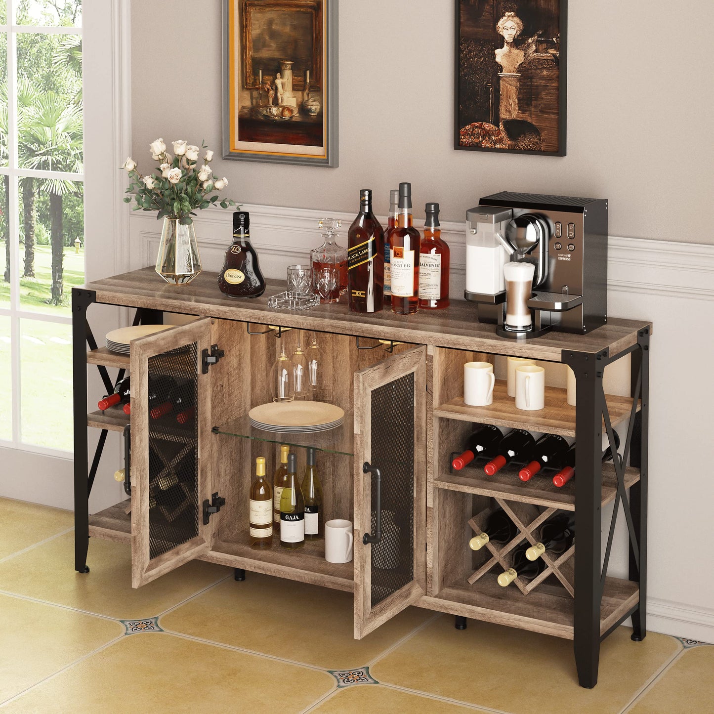 Vabches Wine Bar Cabinet for Liquor and Glasses, Farmhouse Coffee Bar Cabinet, Liquor Cabinet Bar for Home Living Room Dining Room, Sideboard Buffet Cabinet, 58 in(L)