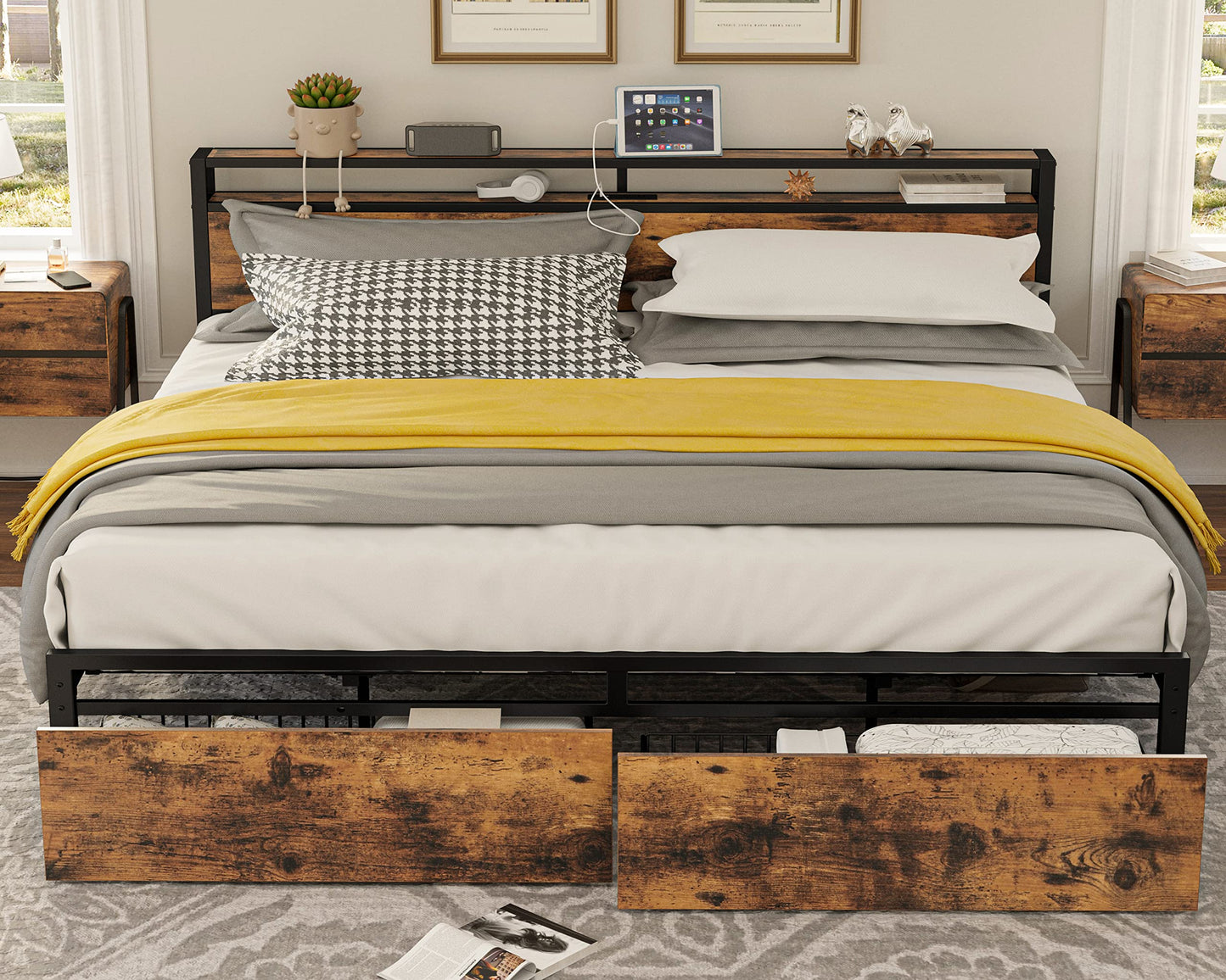 LIKIMIO Vintage Brown King Bed Frame with Storage Headboard and Charging Station - WoodArtSupply