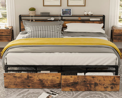 LIKIMIO Vintage Brown King Bed Frame with Storage Headboard and Charging Station - WoodArtSupply