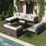 LayinSun 11-Piece Outdoor Modular Wicker Sectional Sofa with Fire Pit Table, Patio Furniture Conversation Set with Deep Seating and Thick Cushions LayinSun