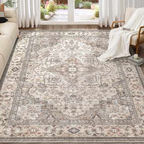 EIEIHOUSE Washable Area Rugs for Living Room - 8x10 Neutral Vintage Distressed Floral Farmhouse Boho Large Soft Floor Rug Indoor Non Slip Carpet for Bedroom Dining Room Office - Brown/Multi EIEIHOUSE