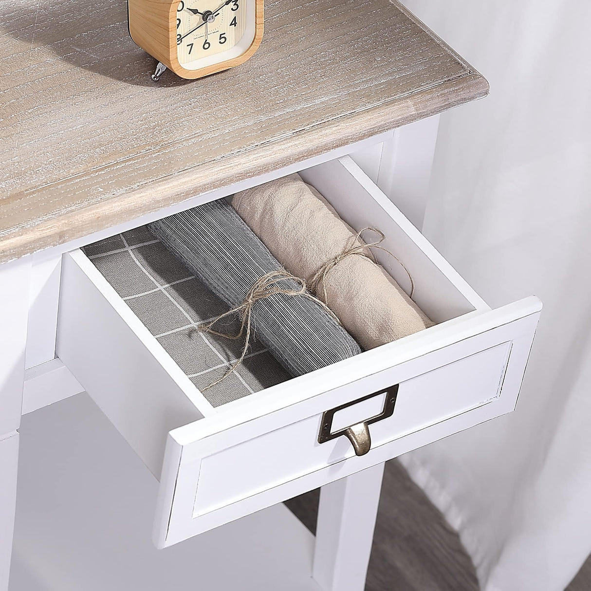 Wnutrees Rustic Farmhouse Accent End Table, Nightstand Side Tables with Drawers and Open Storage Shelf for Living Room Bedroom, Wooden Top, Handcrafted Finish, Set of 2, White Wnutrees