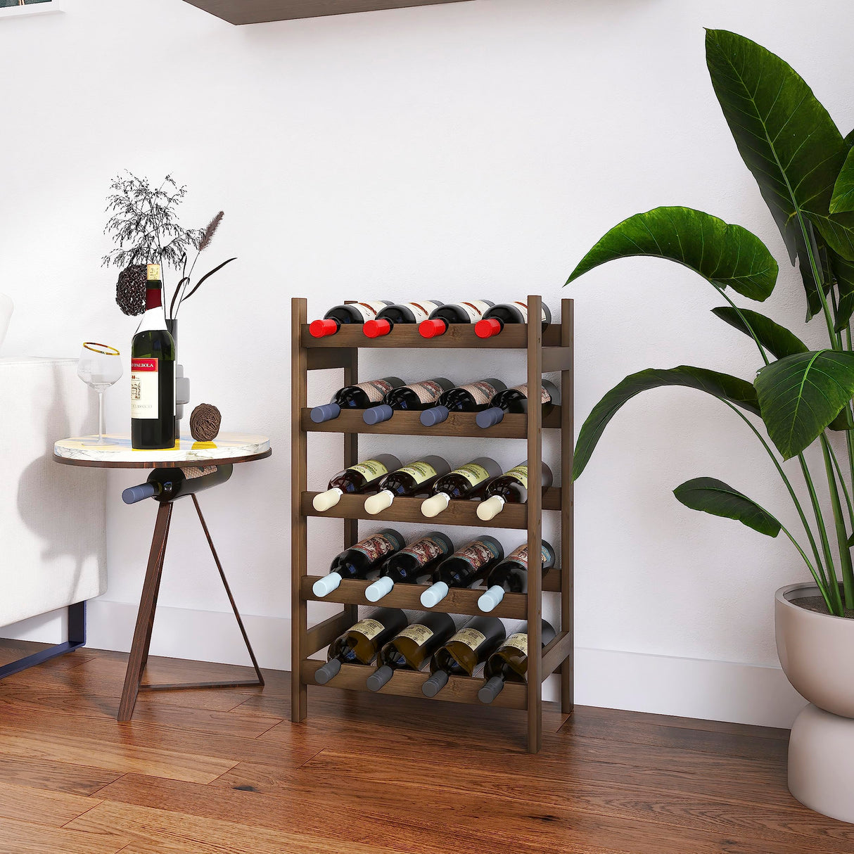 SMIBUY Bamboo Wine Rack, 20 Bottles Display Holder, 5-Tier Free Standing Storage Shelves for Kitchen, Pantry, Cellar, Bar (Walnut) SMIBUY