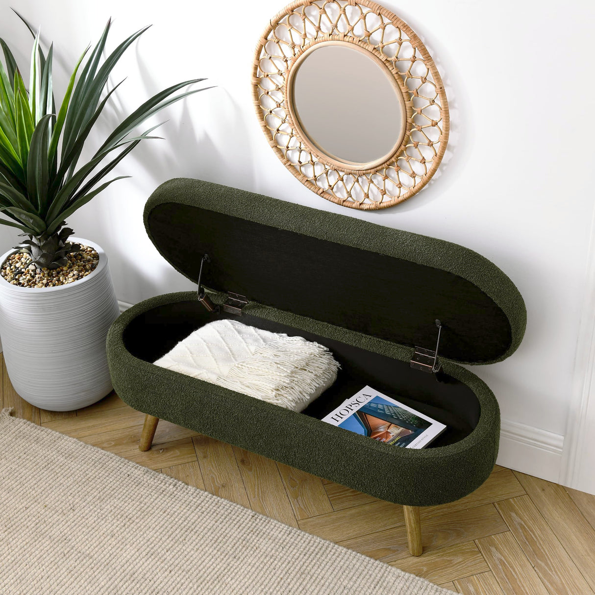 ECLYL Oval Storage Bench 43.5" Linen Fabric Upholstered Entryway Bench with Solid Wood Legs Ottoman Bench Indoor Bench for Living Room/Bedroom/End of Bed/Entryway (Dark Green) ECLYL