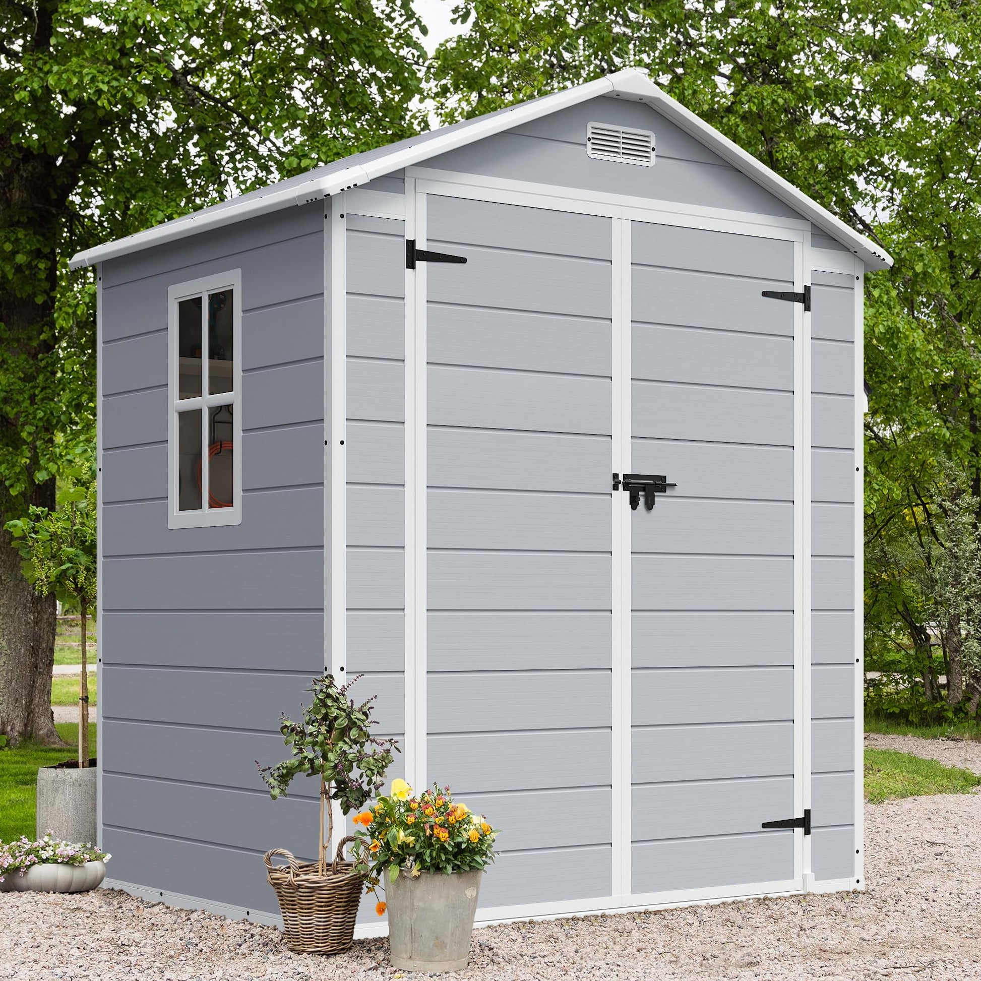 JUMMICO Outdoor Storage Shed, 6 x 4 FT Resin Shed with Floor and Lockable Door, Plastic Garden Tool Outside Sheds for Patio Backyard Lawn - WoodArtSupply