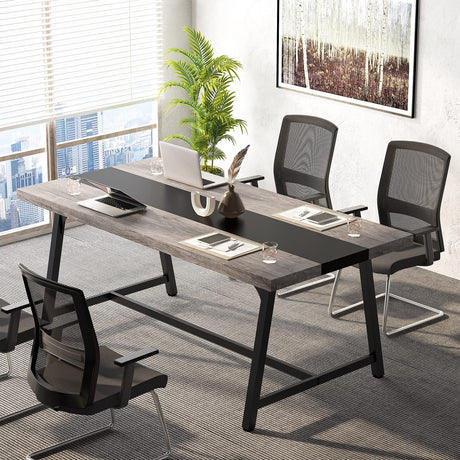 Tribesigns 6FT Rectangle Conference Table, 70.87L x 33.46W x 29.92H Inches Meeting Table for Conference Room, Vintage Wood Office Executive Desk with Strong Metal Frame for 6 People (Grey) Tribesigns