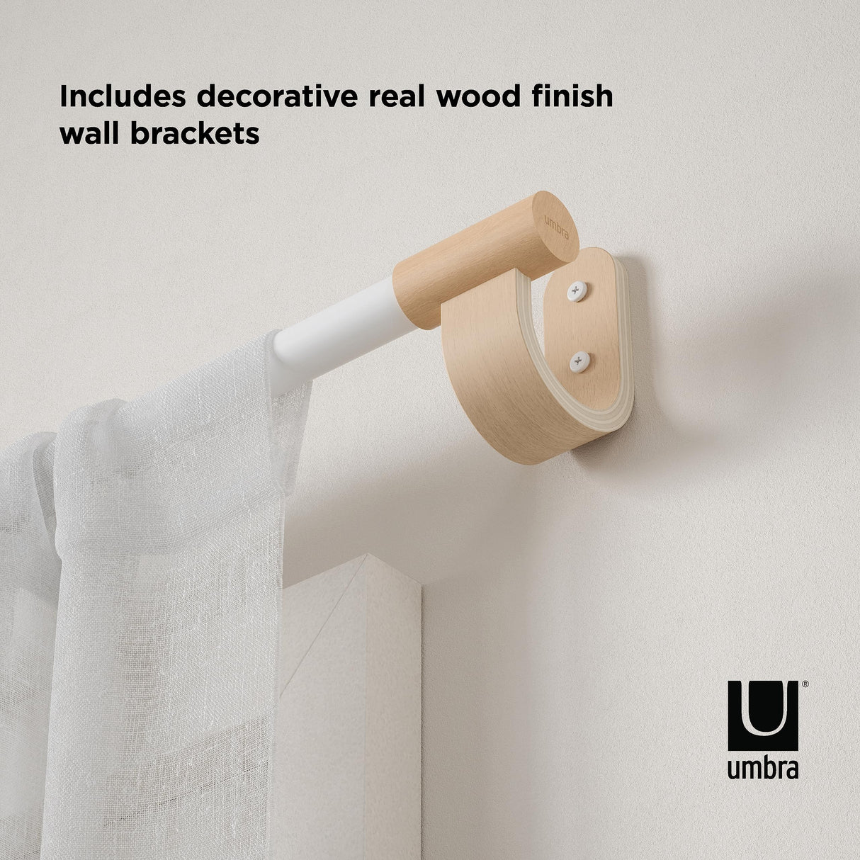 Umbra Bellwood Curtain Rod for Window Drapery, Adjustable Length, Set Includes Finials and Mounting Hardware, White/Natural Umbra