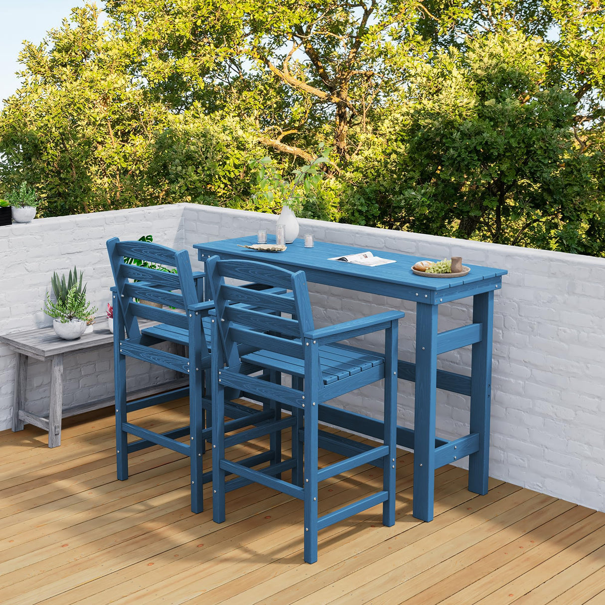 SERWALL Outdoor Bar Table and Chairs Set, Adirondack Bar Chairs Set of 2 and Bar Height Table, All Weather HDPE Outdoor Patio Bar Set, Outdoor Furniture for Outside, Poolside, Backyard, Garden, Blue SERWALL