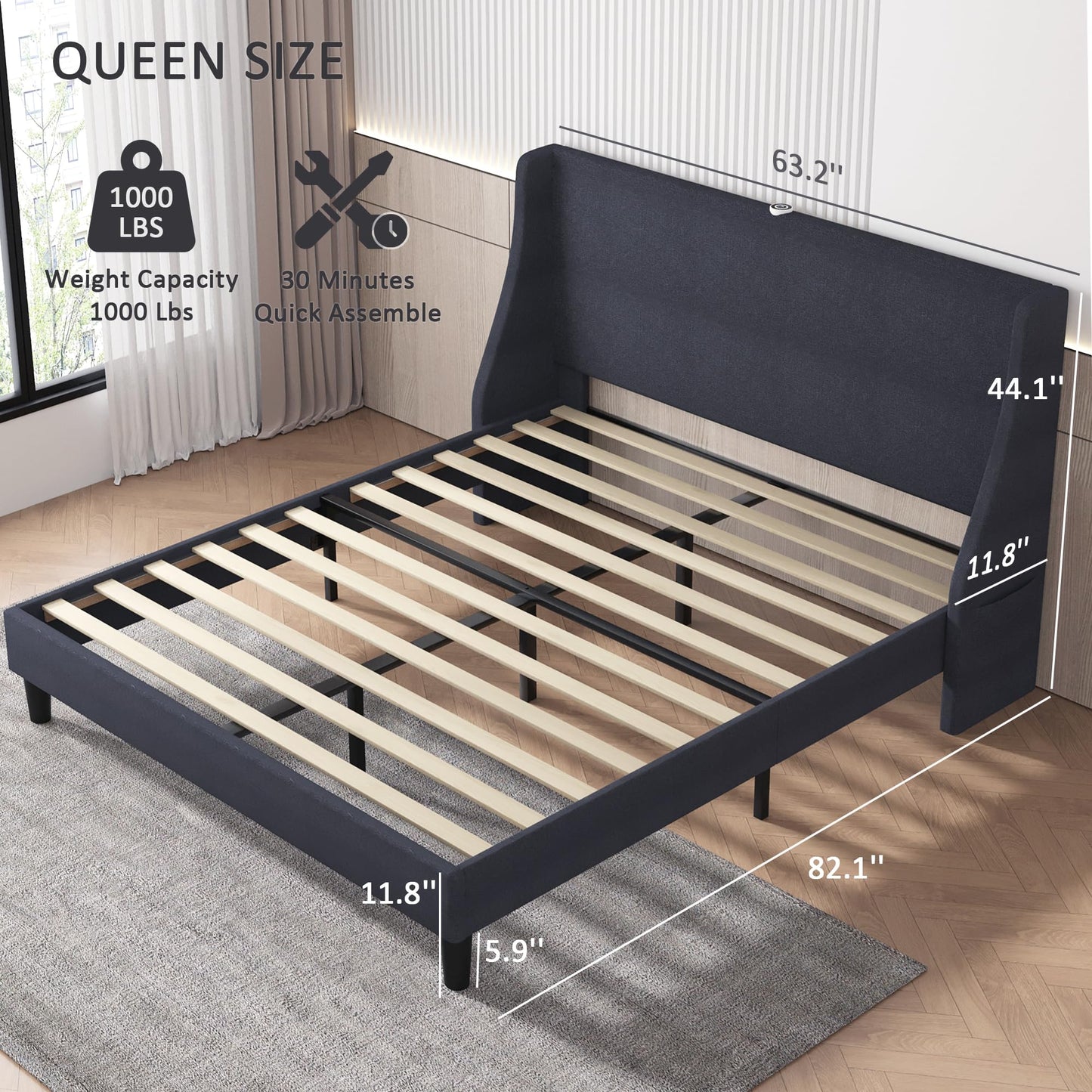 VECELO Queen Bed Frame with Type-C & USB Port, Wingback Headboard, Upholstered Platform Bedframe with Charging Station & Side Pockets, No Box Spring Needed, Dark Grey