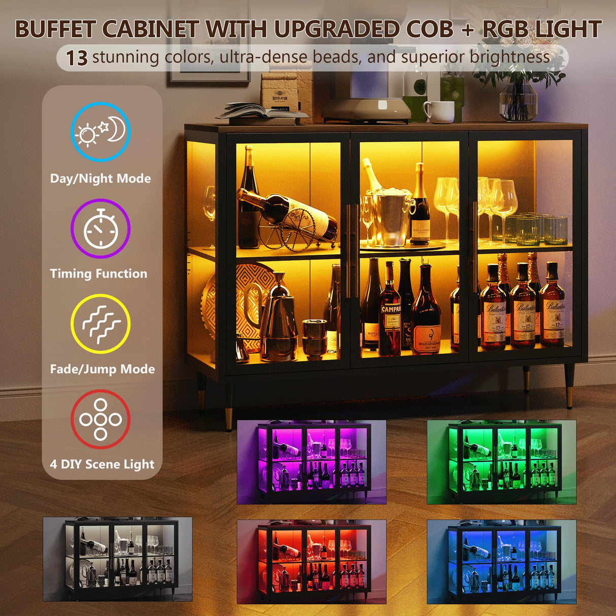 Foreate Glass Sideboard Buffet Cabinet with 13-Color Light, 47.2" Metal Wood Coffee Bar Cabinet with 3 Glass Doors & Adjustable Shelve, Modern Home Bar Credenzas for Home Kitchen Living Room, Black Foreate