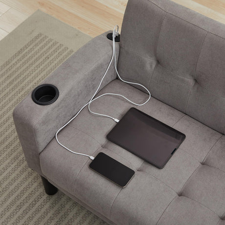 TYBOATLE Sofa Couch 62" W Loveseat w/ 2 USB Charger Ports & 2 Cupholders, Mid-Century Modern Tufted Small Love Seat Couches for Office,Compact Living Room,Bedroom,Apartment,Dorm(Light Grey) TYBOATLE