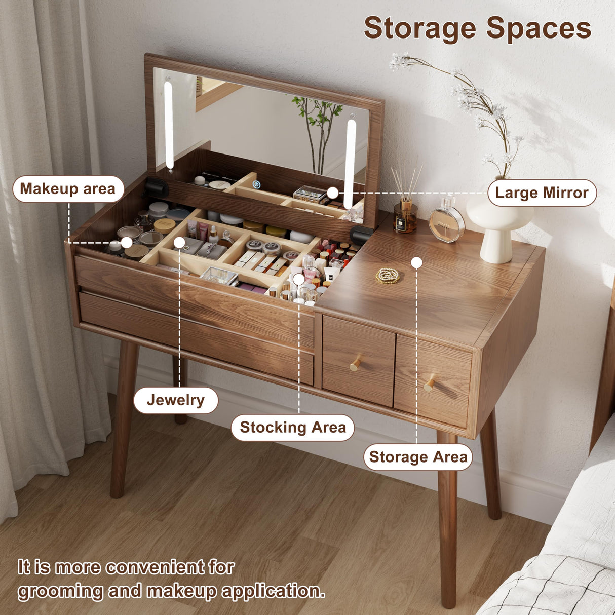 AQIMUELE Wood Vanity Desk with Mirror and Lights, Dressing Vanity Table Vanity Set 4 Drawers, 40 Inch Large Make Up Vanity Table Wooden with 3 Lighting Modes for Bedroom Walnut(with Adapter) AQIMUELE