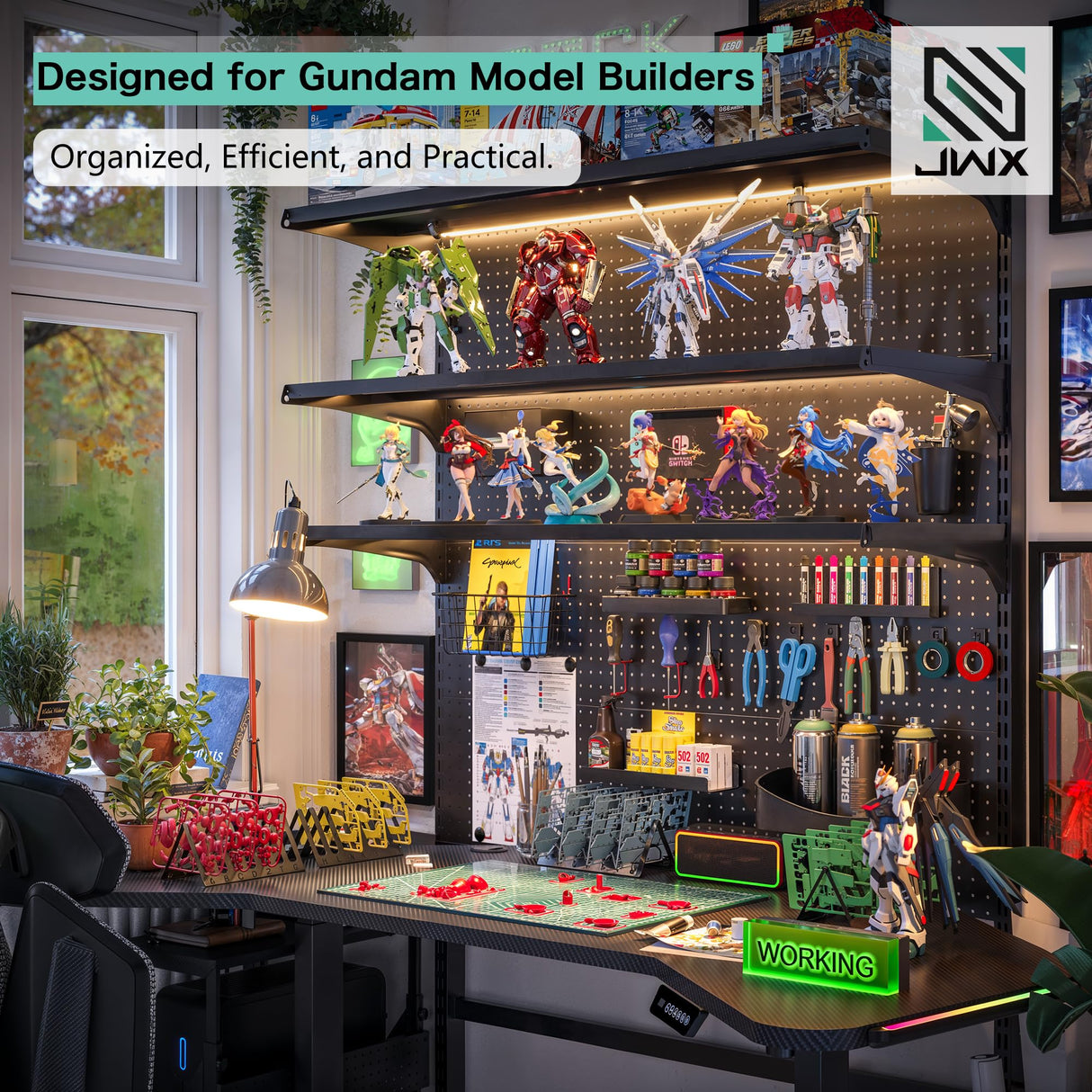 JWX DDB Gaming Pegboard Standing Shelf Units, Modular Pegboard and Shelf System with 15 Pieces Organizer Tool Holders JWX