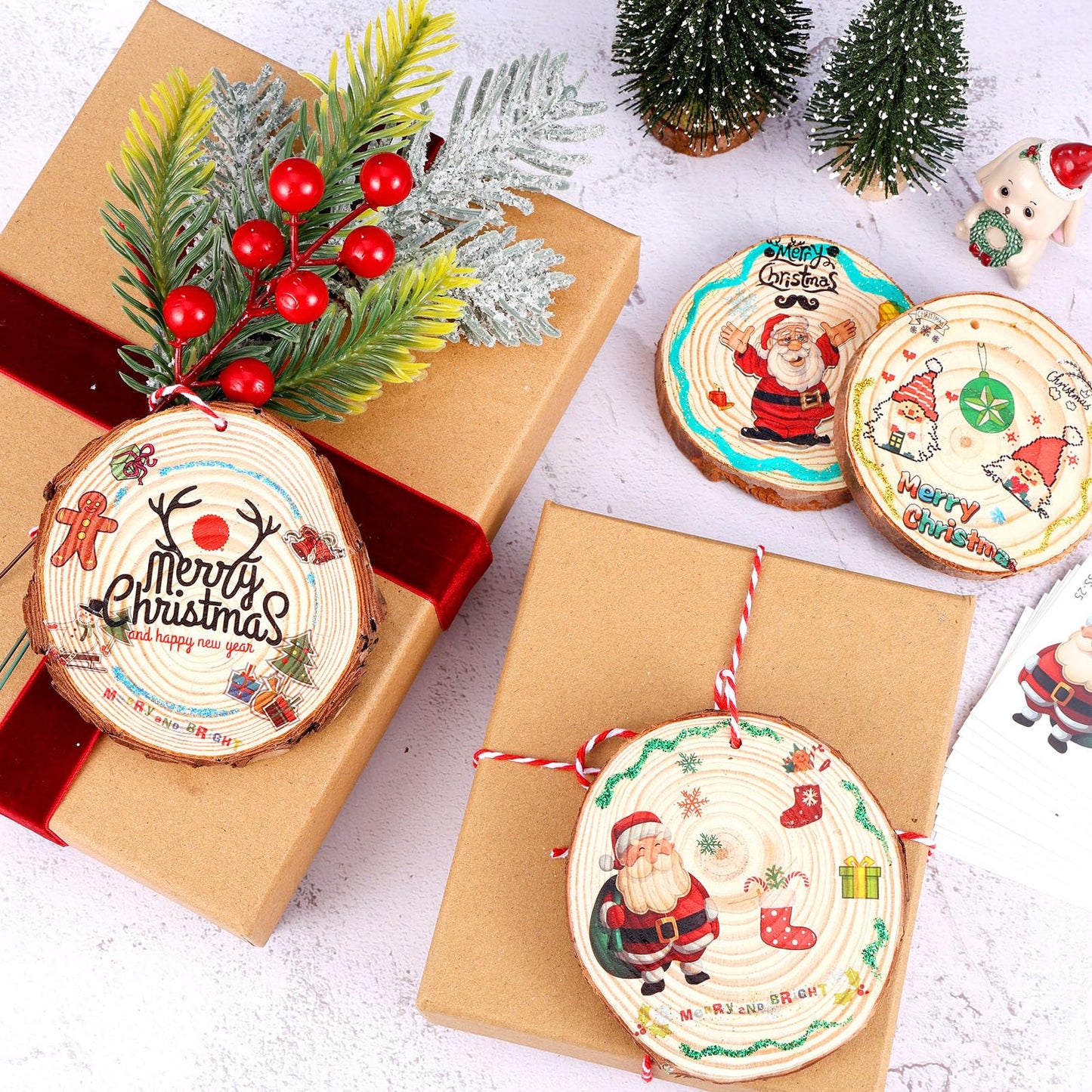 20 Pcs Christmas Natural Wood Slices 3.2-4 inches Includes Assorted Christmas Tattoo Stickers for DIY Crafts Unfinished Wood Kit Predrilled with Hole Wooden Circles Decor for Home Tree Xmas Party