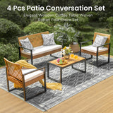 PHI VILLA Wicker Patio Furniture Set for 4, Rattan Loveseat & Chairs with Beige Cushions & Acacia Wood Coffee Table, Outdoor Modern Sectional Conversation Sofa Set for Deck, Yard, Porch PHI VILLA