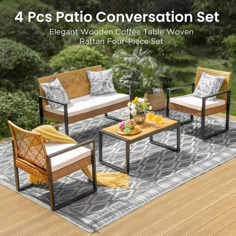 PHI VILLA Wicker Patio Furniture Set for 4, Rattan Loveseat & Chairs with Beige Cushions & Acacia Wood Coffee Table, Outdoor Modern Sectional Conversation Sofa Set for Deck, Yard, Porch PHI VILLA