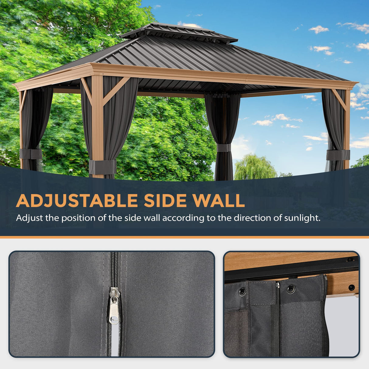 HAPPATIO 12' x 16' Hardtop Gazebo, Outdoor Wood-Grain Frame Aluminum Gazebo with Galvanized Steel Double Roof，Patio Gazebo Canopy with Netting and Curtains for Patio, Deck，Backyard (Gray) HAPPATIO