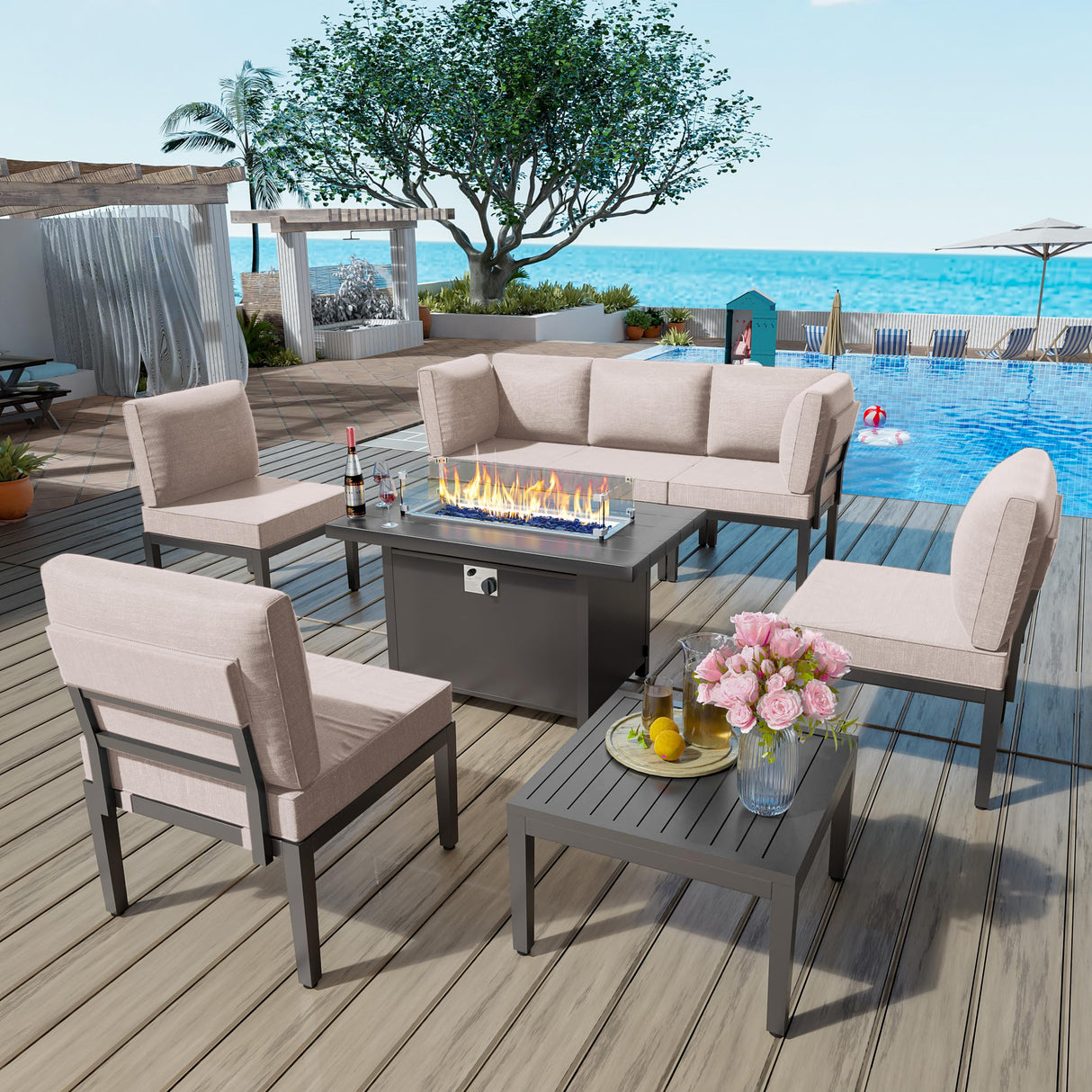 ALAULM 8 Pieces Metal Patio Furniture Set with Propane Fire Pit Table Metal Outdoor Furniture w/55000 BTU Fire Pit Patio Sectional Sofas w/5.1'' Sponge Cushions for Patio, Backyard, Poolside- Sand ALAULM