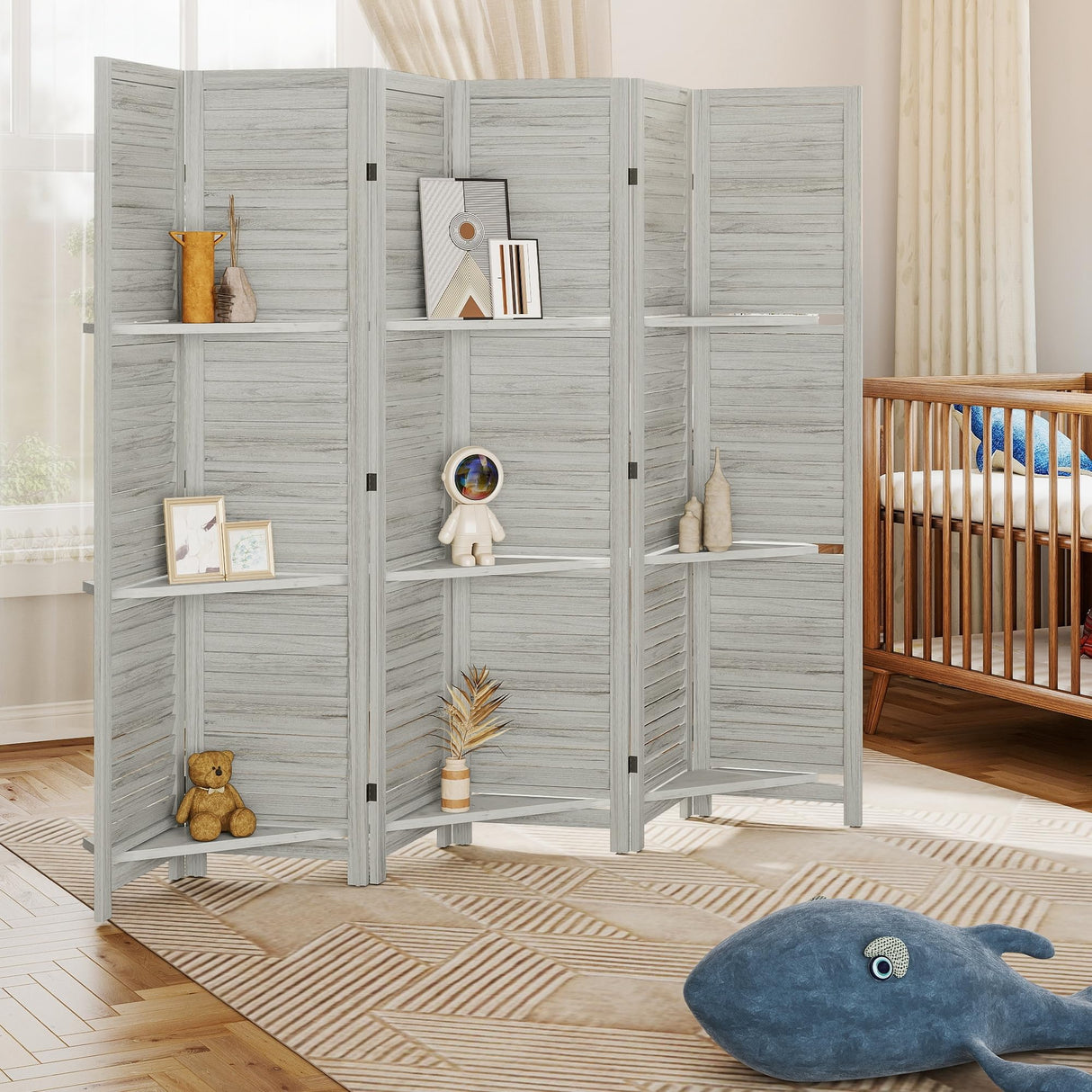 HOMCOM Room Divider, 6 Panel 67" Tall Wood Privacy Screen with 3 Display Shelves, and Folding Storage for Bedroom or Home Office, Distressed White HOMCOM