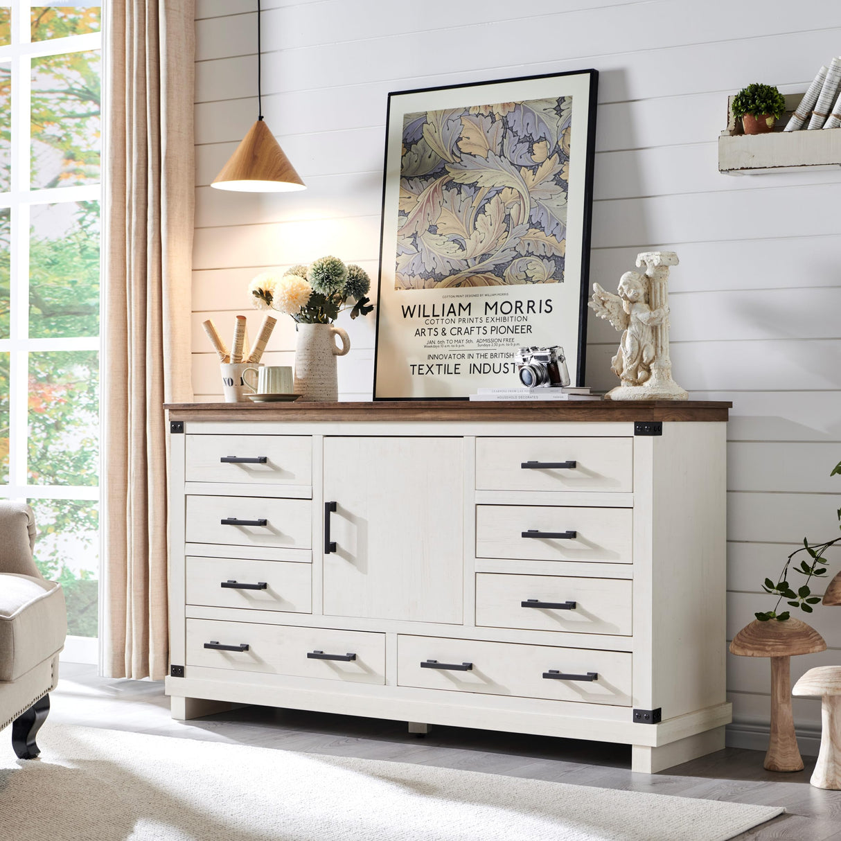 Farmhouse 8 Drawer Dresser for Bedroom - 54 Inch Wide Dresser TV Stand with Storage & Adjustable Shelves, Wood Dressers & Chests of Drawers for Closet, Antique White RedLemon