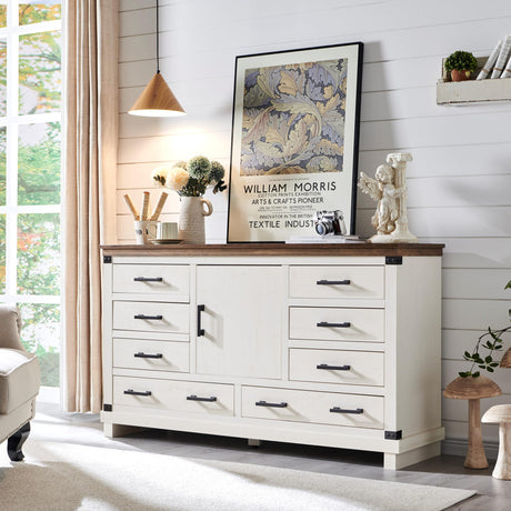 Farmhouse 8 Drawer Dresser for Bedroom - 54 Inch Wide Dresser TV Stand with Storage & Adjustable Shelves, Wood Dressers & Chests of Drawers for Closet, Antique White RedLemon