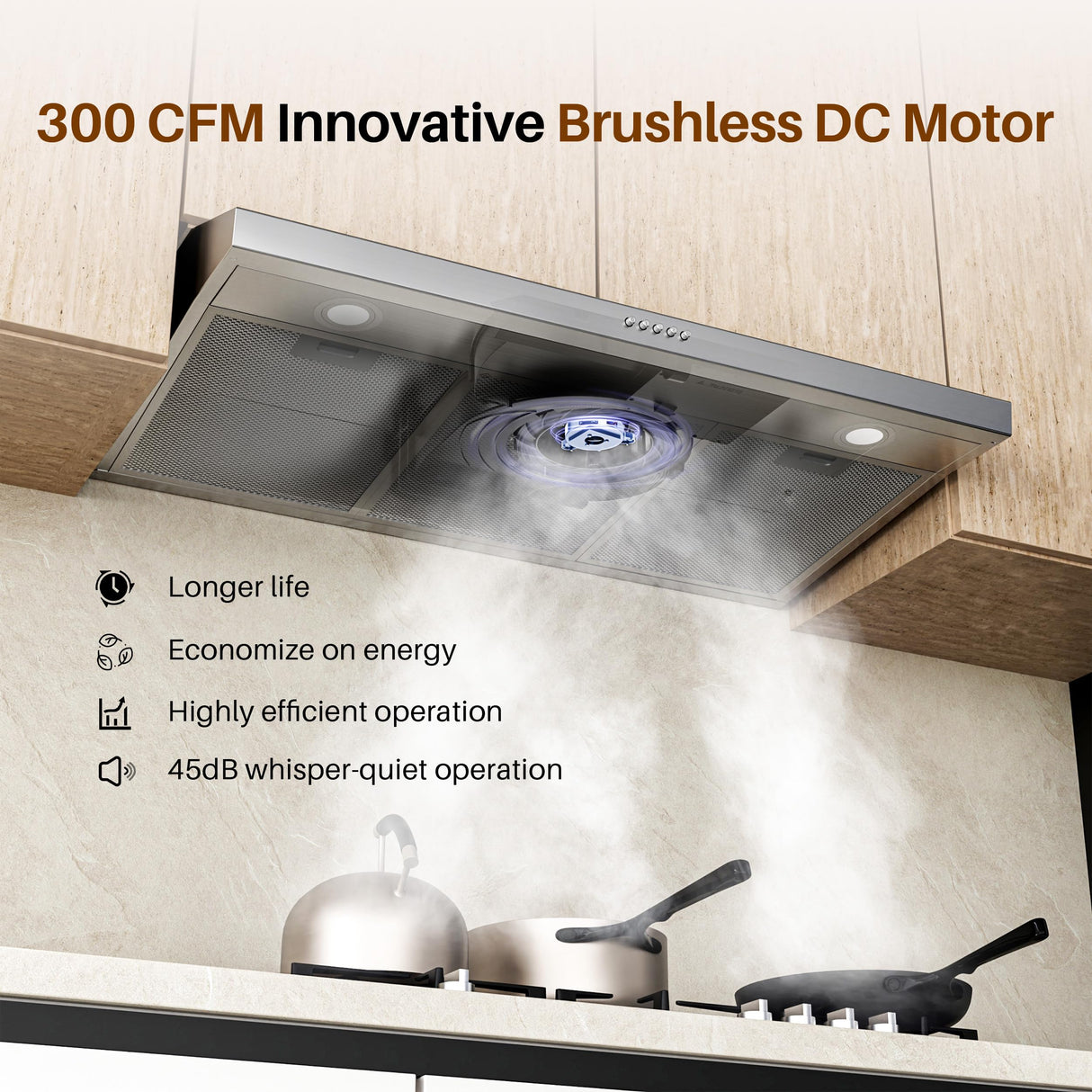 FIREGAS Range Hood 36 Inch Under Cabinet, Ducted/Ductless Convertible Kitchen Hood with 3 Speed Exhaust Fan, 300 CFM, LED Lights, Stainless Steel Vent Hood for Kitchen FIREGAS