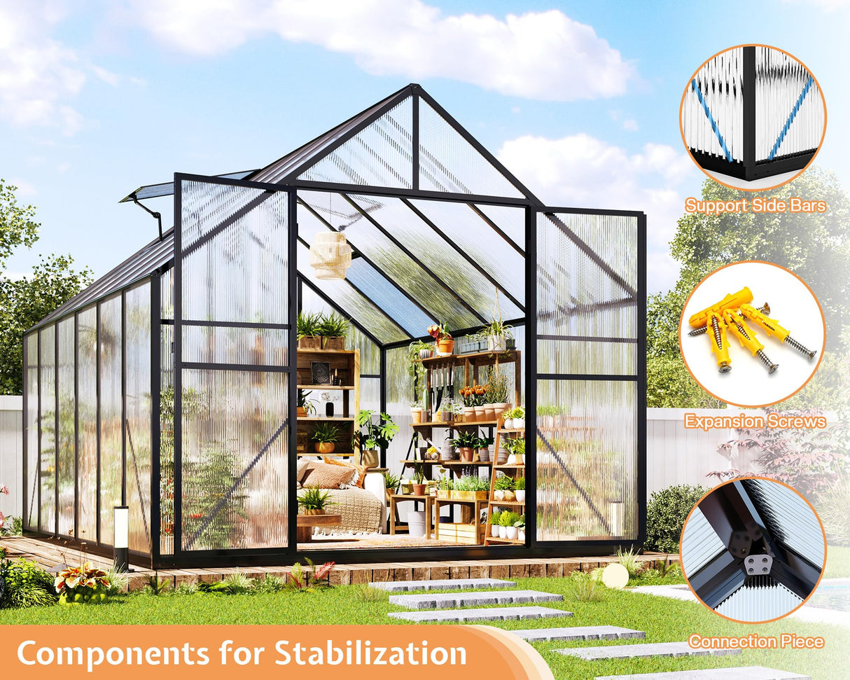 Jocisland 8x11.5x7 FT Polycarbonate Greenhouses for Outdoors, 2 Top-Opening Windows, 2 Swing Doors, Aluminum Walk-in Heavy Duty for Outdoor Use, Backyard Garden, Black Jocisland