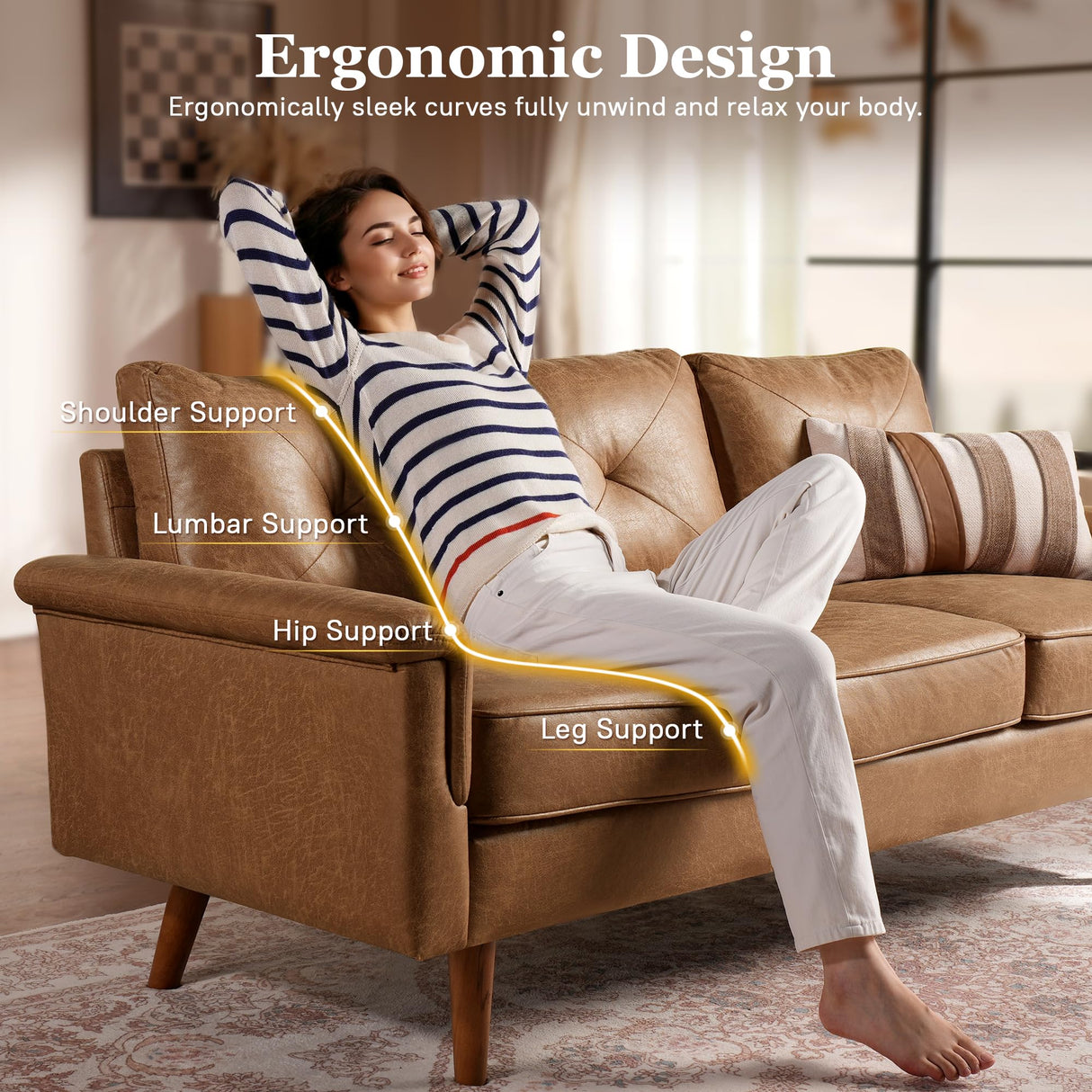 ALTRIGUS Faux Leather Mid-Century Modern Sofa for Living Room,3 Seater Couch with Comfy Cushions,71" Upholstered Sofas with Deep Seat (Brown) ALTRIGUS