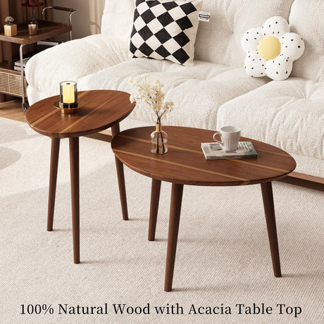 Semjar Small Oval Coffee Tables Set,Acacia Wood Tabletop Nesting Tables（25.6"x17.7"+17.7"x13.4" for Living Room Small Spaces Office,Easy Assembly Minimalist Walnut Mid Century Modern Coffee Table Semjar