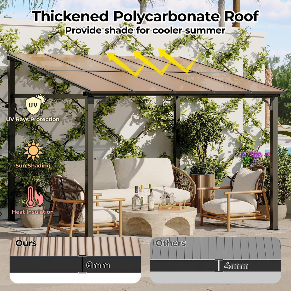 10'x 10'Wall Mounted Gazebo, Hardtop Lean-to Pergola with Polycarbonate Roof, Heavy Duty Outdoor Patio Awnings for Deck, Porch, Backyard, Garden, Weather Resistant, Brown Hipicute