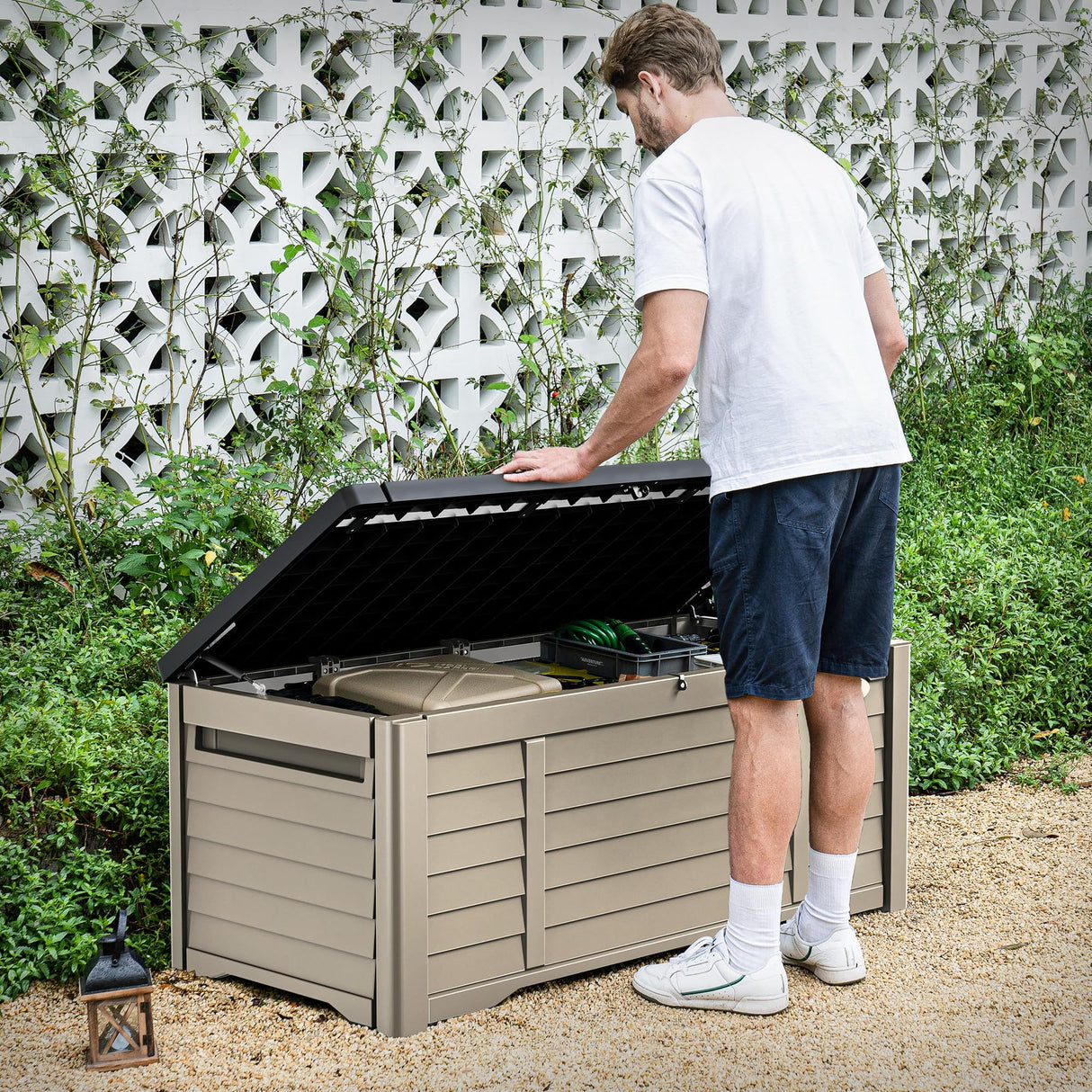 DWVO Large Deck Box 120 Gallon Waterproof Outdoor Storage Box, Extra Large Outdoor Storage Bin, Resin Louvered Patio Storage for Outdoor Pillows, Garden Tools & Pool Supplies, Lockable, Black&Brown DWVO