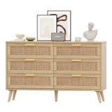 Rovaurx 6 Drawer Double Dresser for Bedroom, Rattan Chest of Dressers, Modern Wooden Dresser Chest with Golden Handles, Beside Table for Closet, Living Room and Entryway, Natural RDG001M Rovaurx