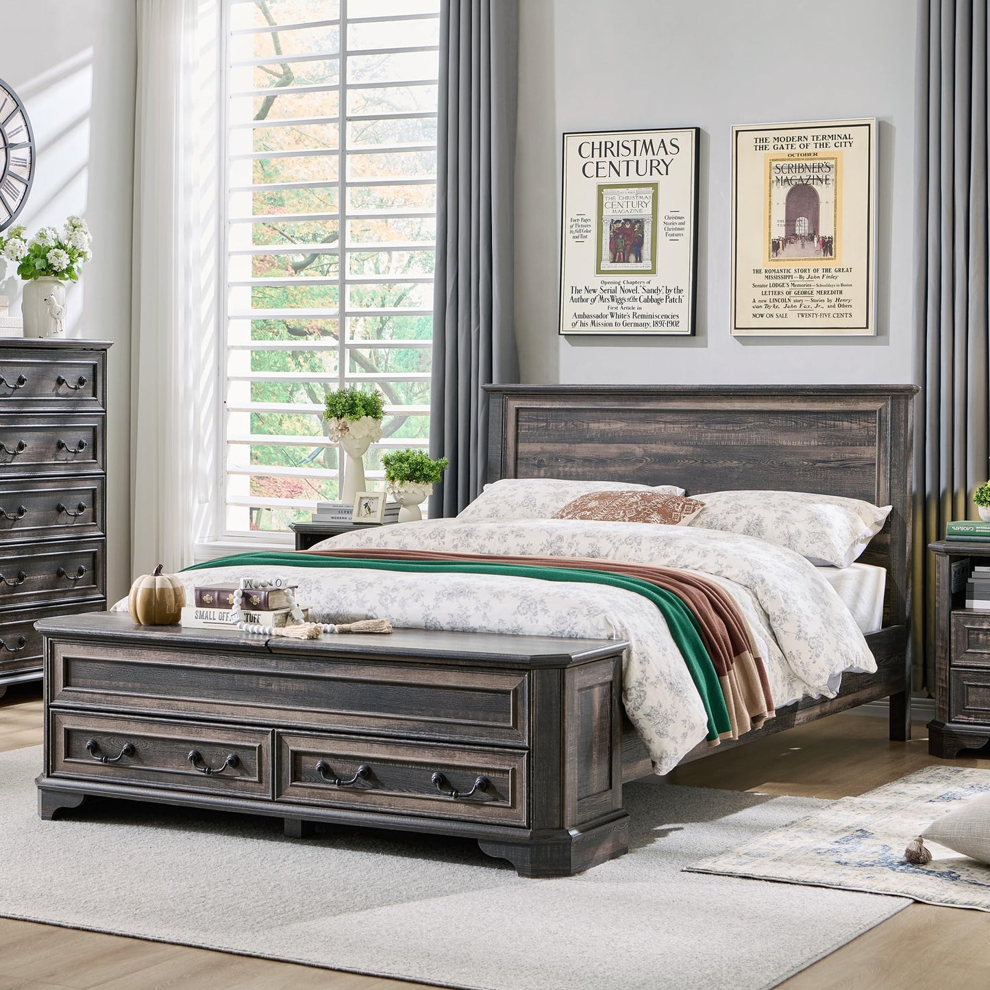 T4TREAM Farmhouse Full Bed with Headboard and Storage Bench, Rustic Wood Platform Bed with 58" Storage Chest w/ 4 Large Storage Drawer, Dark Rustic Oak - WoodArtSupply