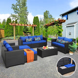 Patio Wicker Furniture Set 7 Pieces Outdoor Black Rattan Conversation Seat Couch Sofa Chair Set with Royal Blue Cushion and Furniture Covers Rattaner