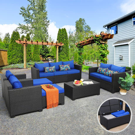 Patio Wicker Furniture Set 7 Pieces Outdoor Black Rattan Conversation Seat Couch Sofa Chair Set with Royal Blue Cushion and Furniture Covers Rattaner