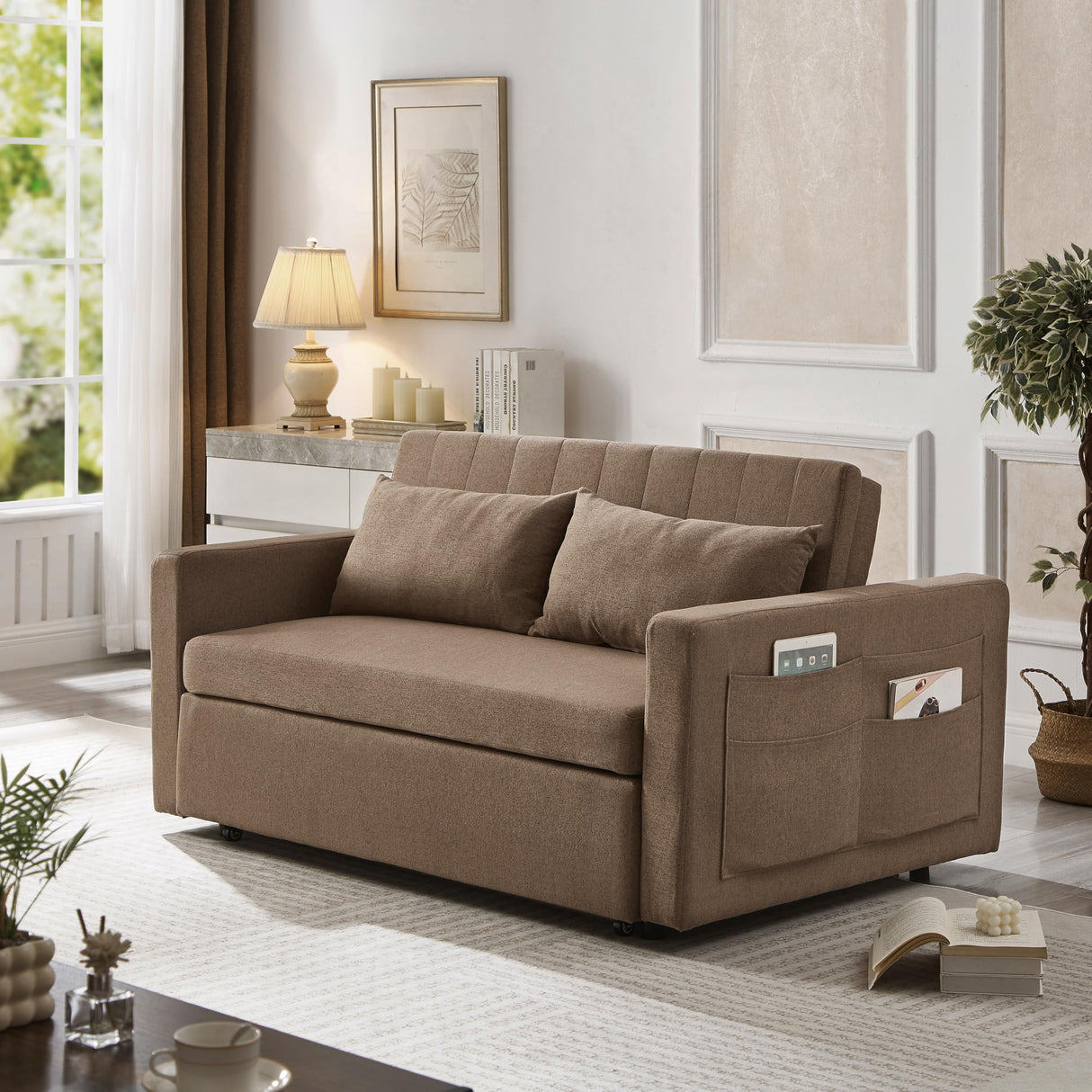 N NOORDENIYA 55.5" Fabric Convertible Sofa Bed, Pull Out Sleeper Sofa Bed, Loveseat Couch with Side Pocket, 3 in 1 Convertible Sleeper Sofa Bed for Living Room, Apartment, Bedroom, RV, Brown N NOORDENIYA