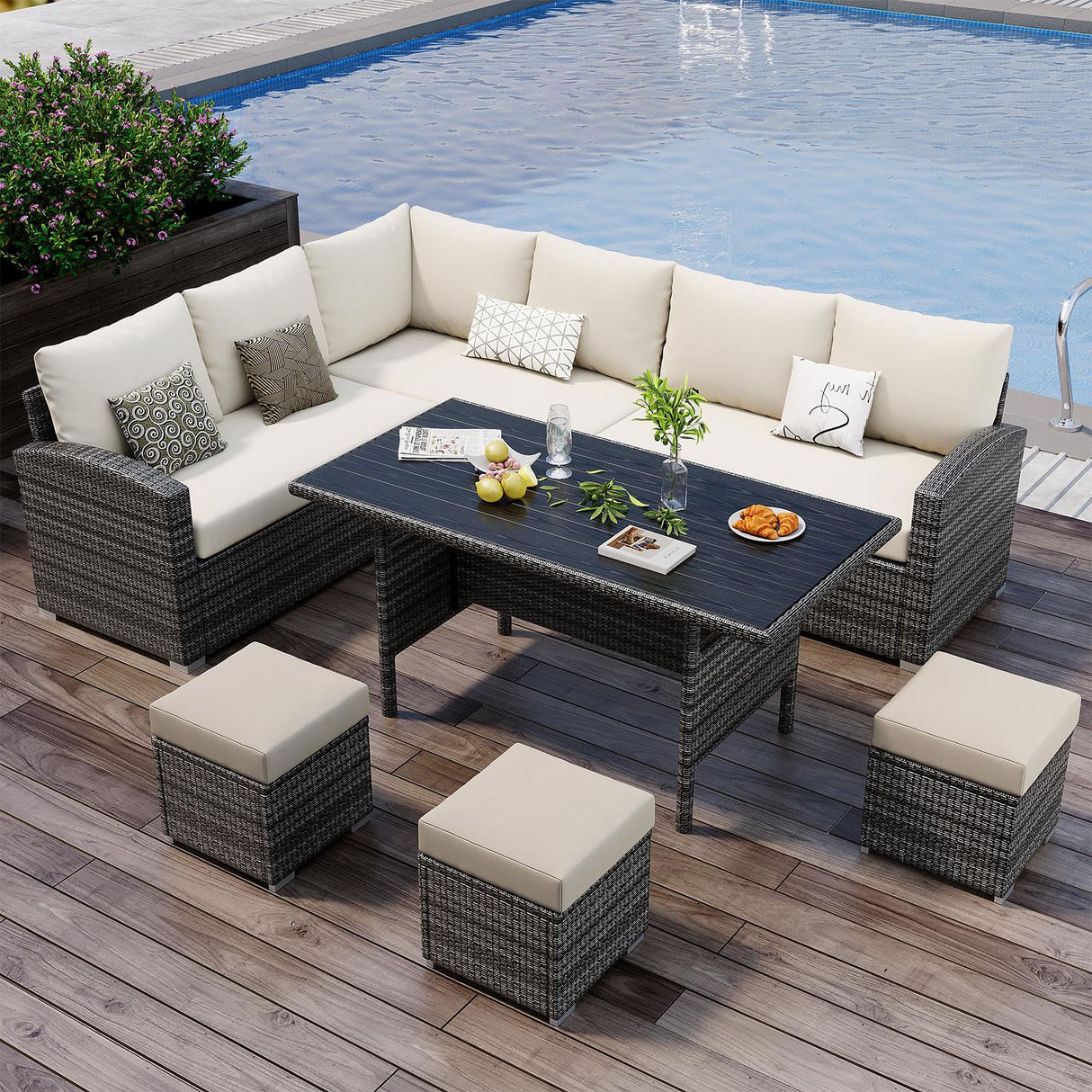 7 Piece Outdoor Patio Furniture Set with Plastic Wooden Table, Patio Rattan Conversationr Sofa Set, All Weather Sectional Rattan Sofa and Chairs, Garden, Porch, Poolside, Grey + Beige GAOMON