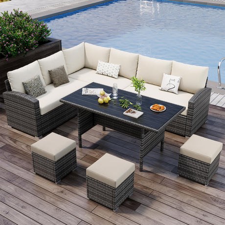 7 Piece Outdoor Patio Furniture Set with Plastic Wooden Table, Patio Rattan Conversationr Sofa Set, All Weather Sectional Rattan Sofa and Chairs, Garden, Porch, Poolside, Grey + Beige GAOMON
