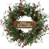 Christmas Wreath, Christmas Wreaths for Front Door,Artificial Christmas Wreath with Sparkling Leaves and Pine Needles are paired with Plump Pine and red Berries,Wreath for Indoor Wall Window Decor. Furisin