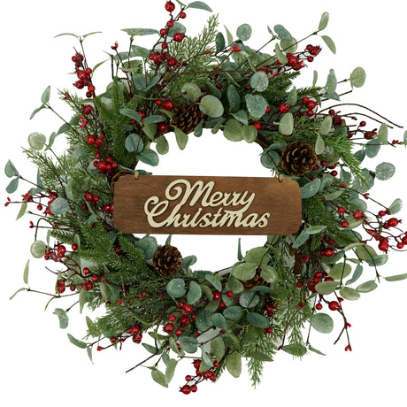 Christmas Wreath, Christmas Wreaths for Front Door,Artificial Christmas Wreath with Sparkling Leaves and Pine Needles are paired with Plump Pine and red Berries,Wreath for Indoor Wall Window Decor. Furisin