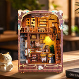 FUNPOLA 3D Wood Puzzle Book Nook Kit, Caramel Dream Cat Café Bookshelf Insert with LED Lights, DIY Miniature Bookend Décor for Display, Cozy Craft Gift for Cat Lovers and Teens (Caramel Dream) FUNPOLA