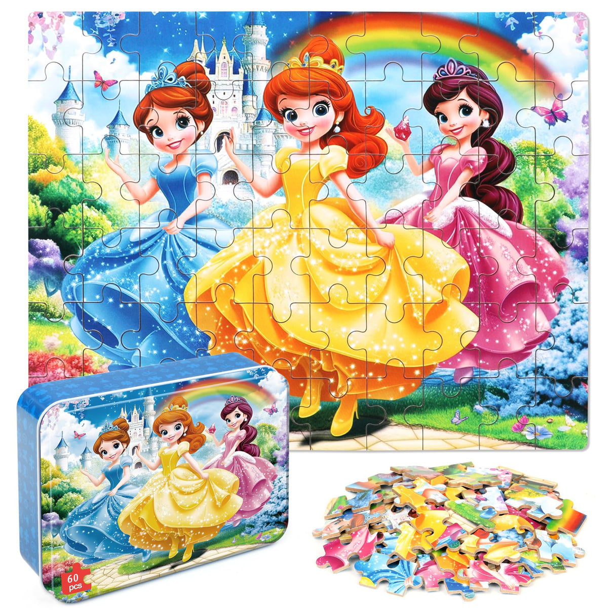 MZZOTOY Princess Puzzles for Kids Ages 4-8, 60 Pieces Jigsaw Puzzles for Kids Ages 3-5 Puzzle for Girls and Boys Learning Educational Puzzles Toys in a Metal Box MZZOTOY