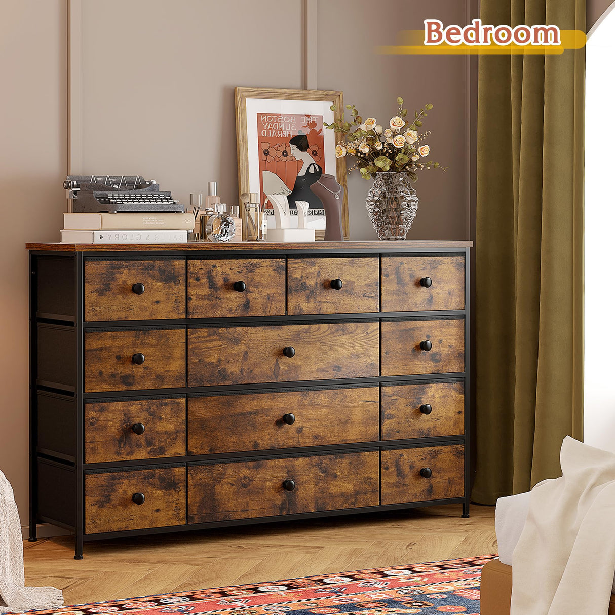 EnHomee TV Stand for 55" TV with 13 Drawers, Long Dresser TV Stand for Bedroom, Large Dressers & Chest of Drawers for Bedroom Living Room Entry, Sturdy Metal Frame,39.4"Wx 31.5"H x 11.8"D,Rustic Brown EnHomee